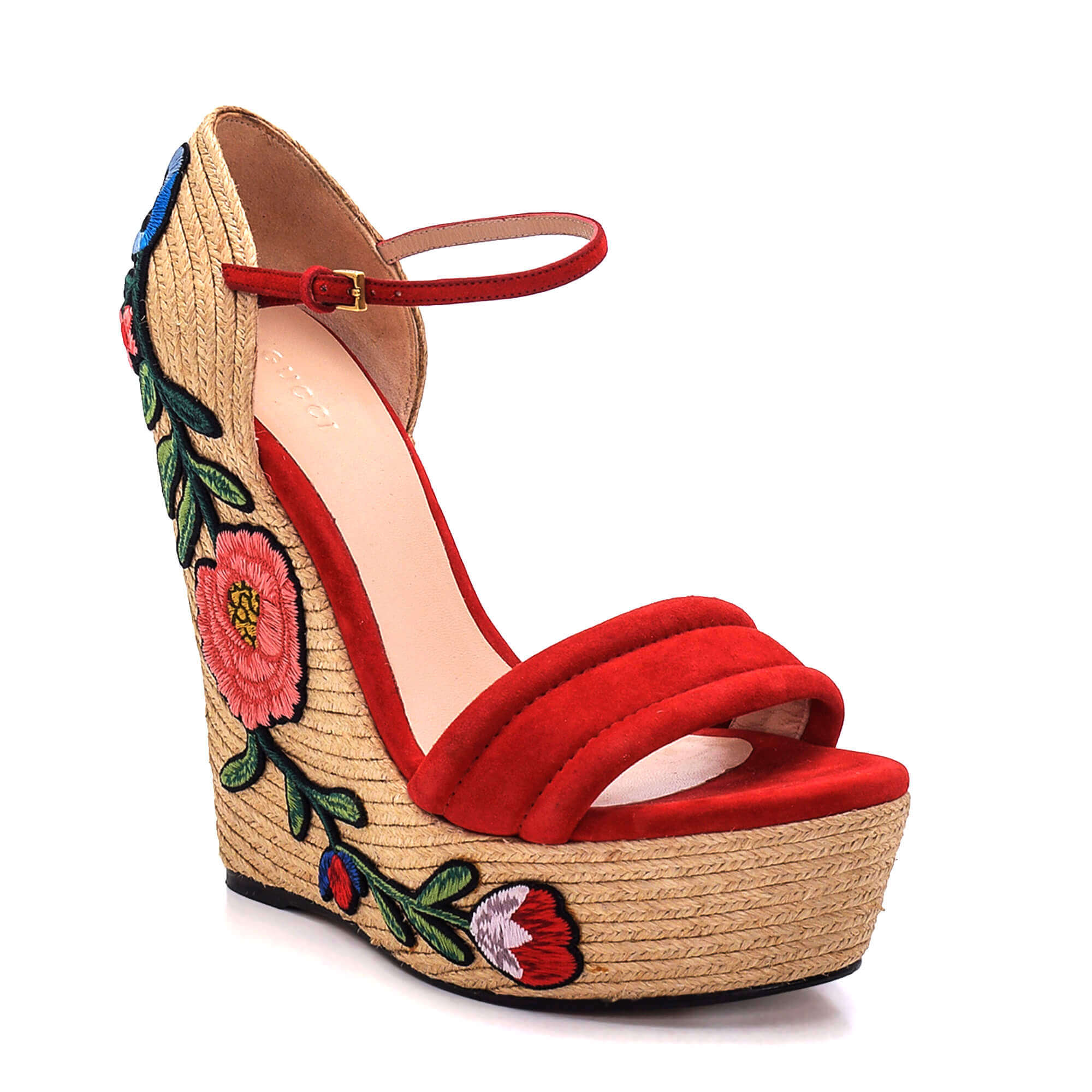 Gucci - Red Suede Floral Embroidered Ankle Strap Espadrille Wedge Sandals